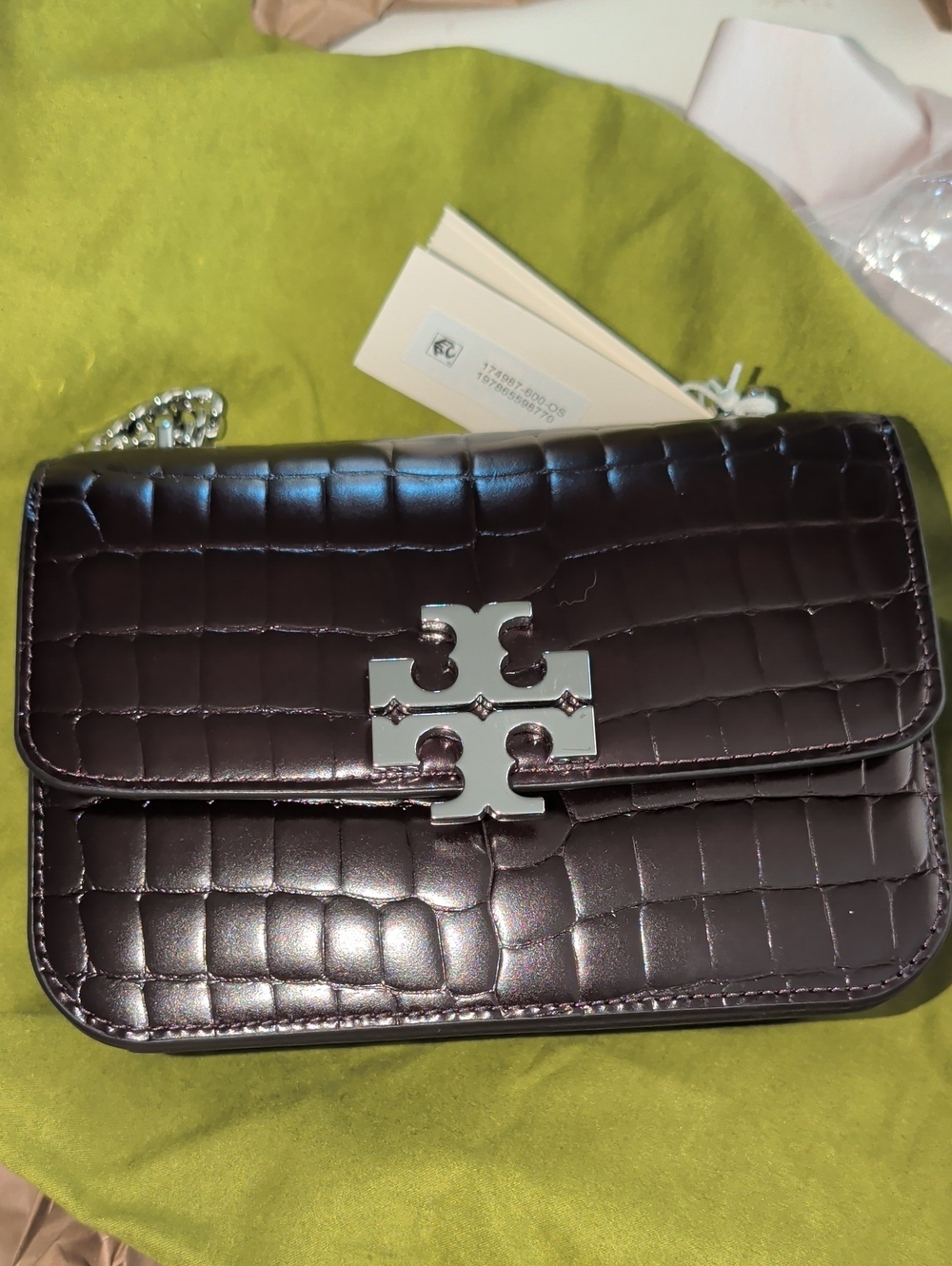Tory Burch Croc-Embossed Chain Crossbody in Deep Plum